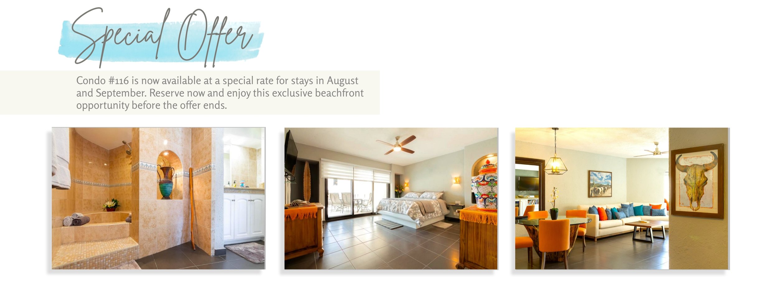 A promotional advertisement for a condo, featuring three images of interiors including a bathroom, bedroom, and living room, with a header that says 'Special Offer' and a message about a discount rate for stays in August and September.
