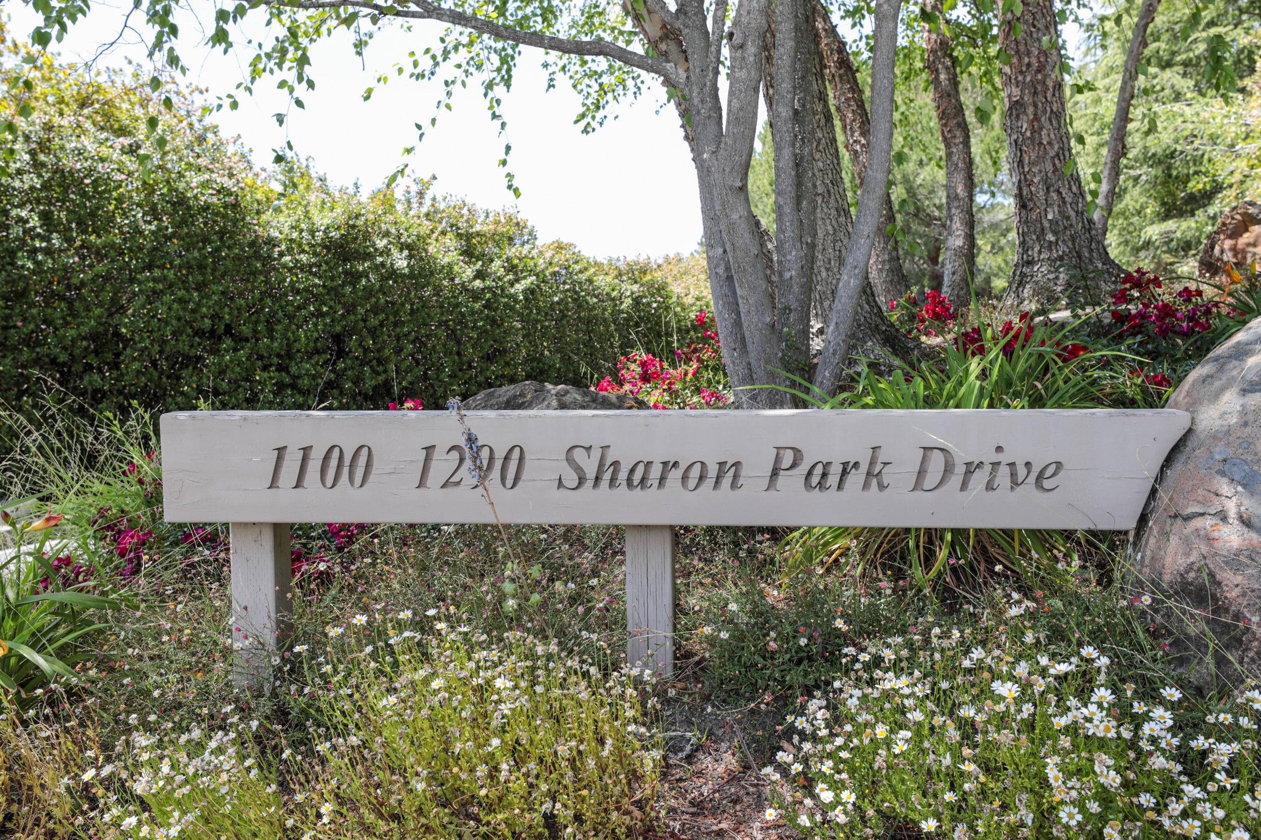 A wooden sign with the address '1100 120 Sharon Park Dr' surrounded by colorful flowers and green foliage, with trees in the background.