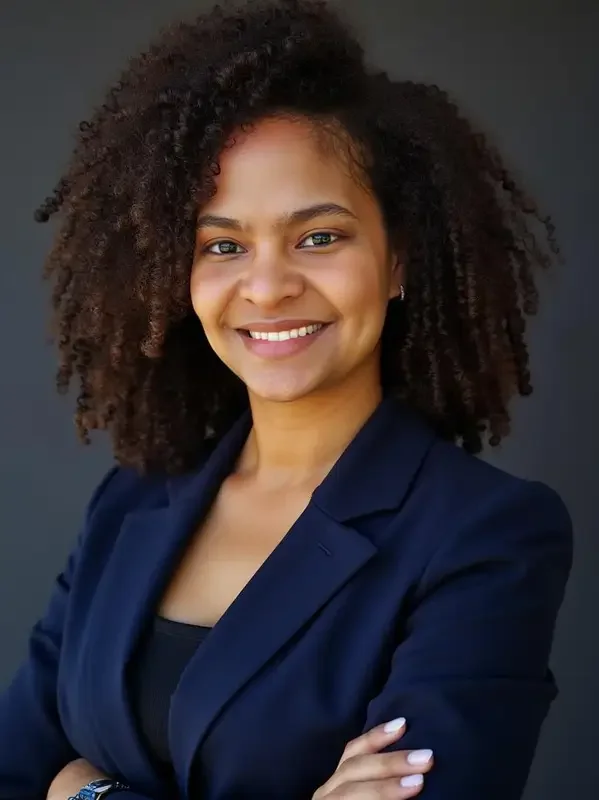 Smiling professional woman with curly hair wearing a navy blazer against a dark background