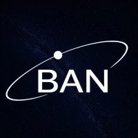 BAN text with a white orbital ring and dot on a dark starry background