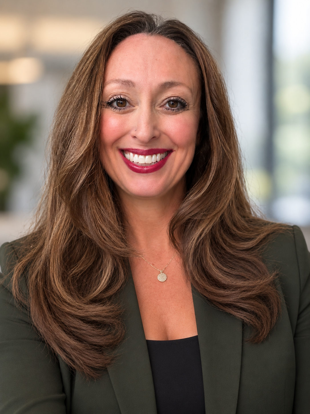 Professional headshot of a smiling woman with long brown hair wearing a dark green blazer and pendant necklace