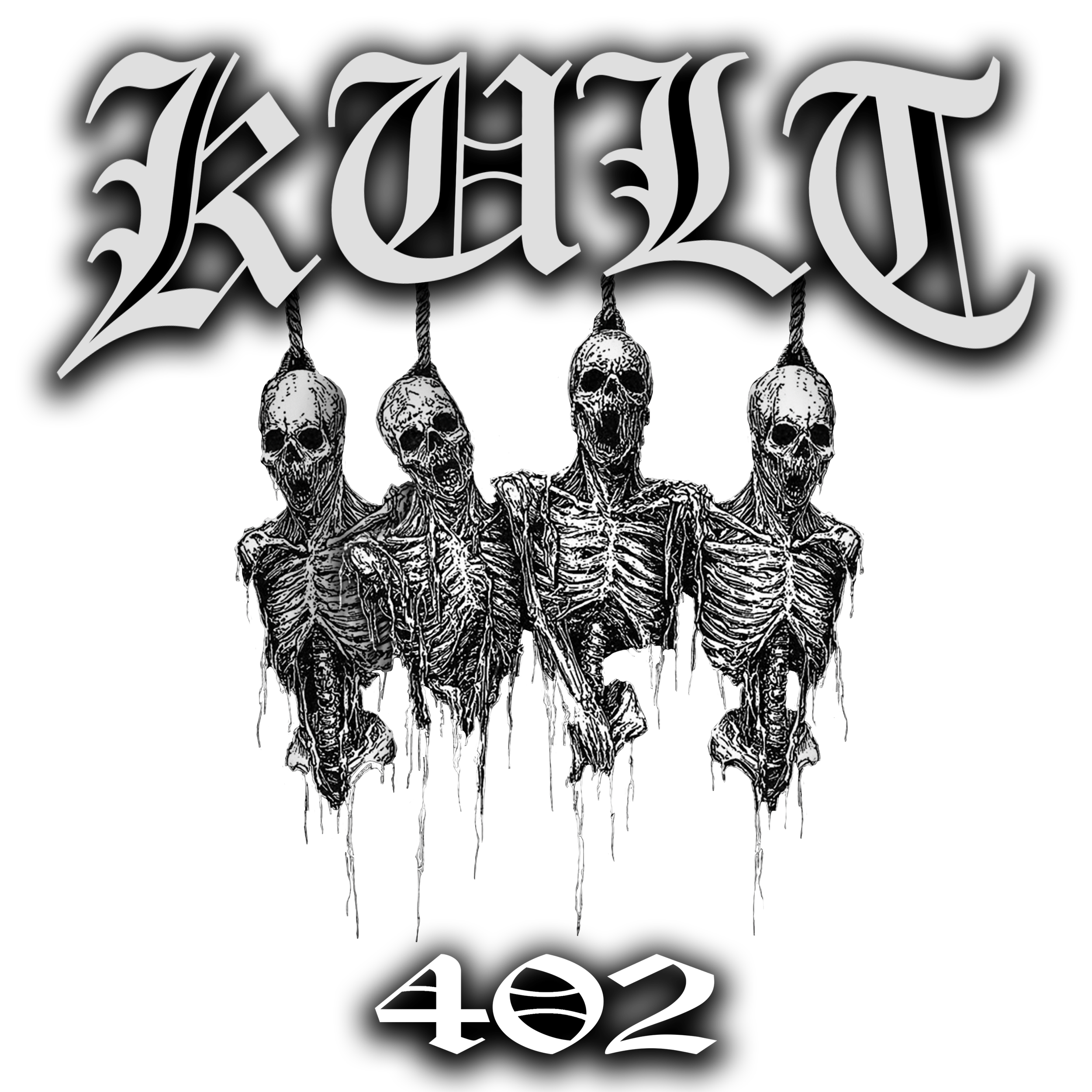 Black background with stylized silver-gray text that reads 'KULT' at the top and '402' at the bottom, with four hanging skull illustrations in between.
