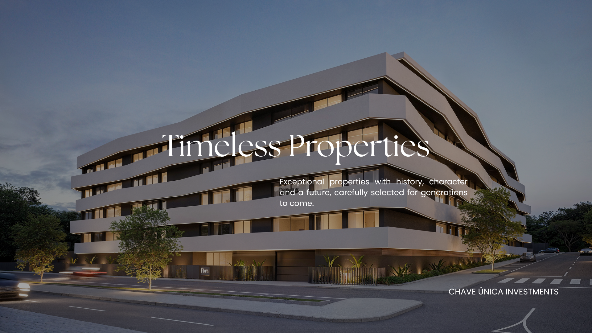 Modern multi-story building with curved balconies at dusk, illuminated windows, trees, and parked cars in the foreground, advertising property investment.
