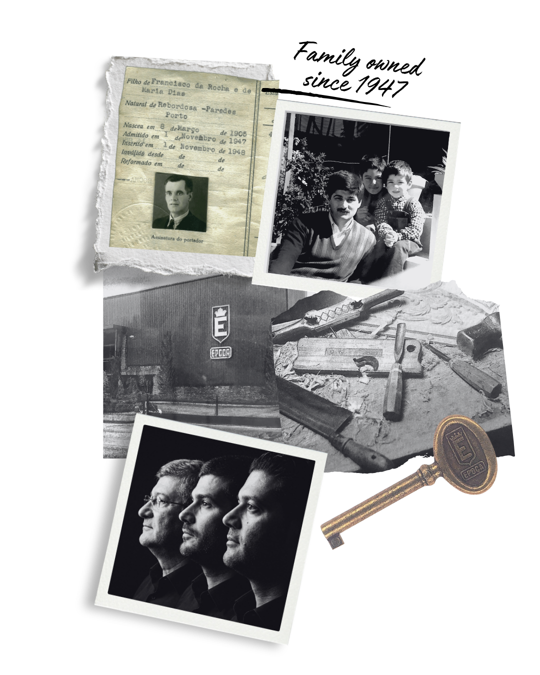 Collection of vintage and modern black and white photographs, including a document, a family portrait, and a professional portrait, along with woodworking tools and a vintage key, all arranged on a black background.