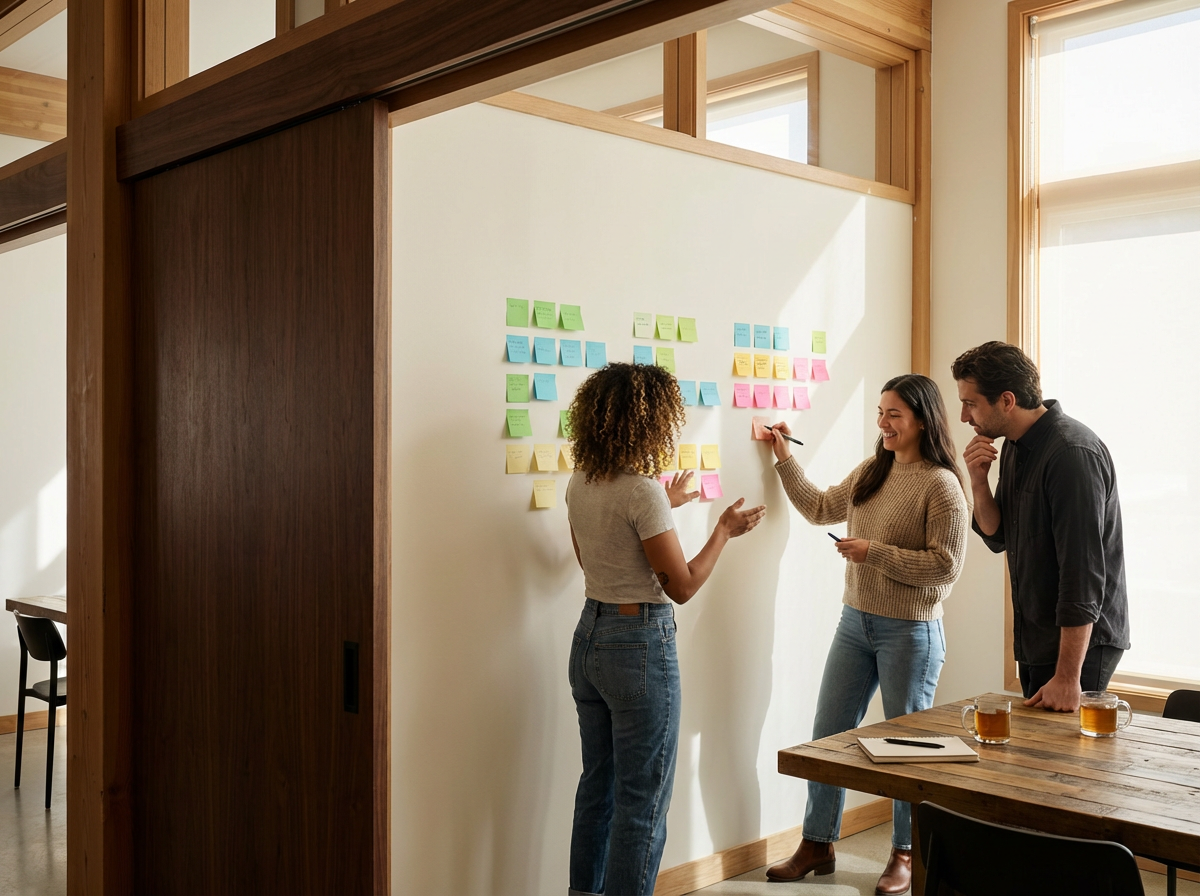 Three people discussing ideas in an office near a whiteboard with colorful sticky notes, sitting at a wooden table with notebooks and drinks.