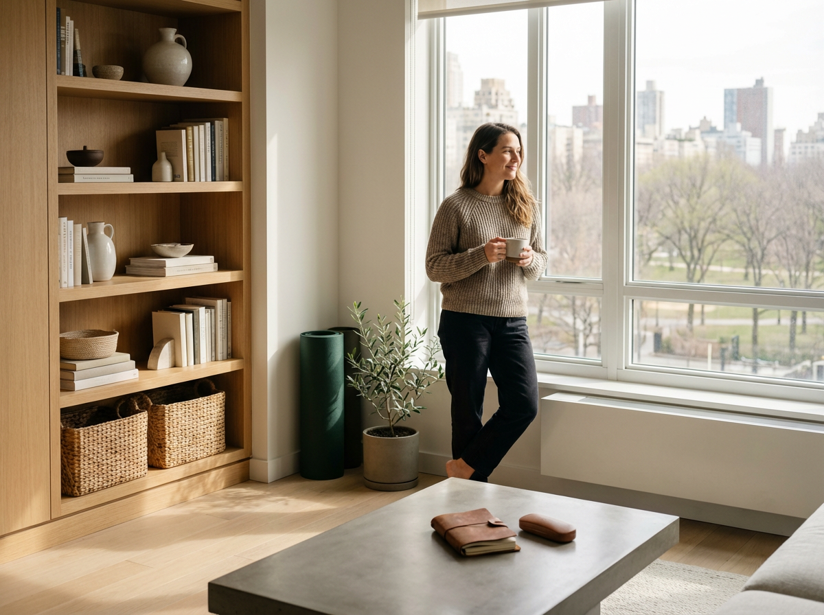 A woman standing by the window, holding a mug, looking outside in a bright, modern living room with a wooden bookshelf, potted plant, and cityscape view.