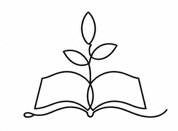 Outline drawing of a book with a plant growing out of it, symbolizing knowledge and growth.