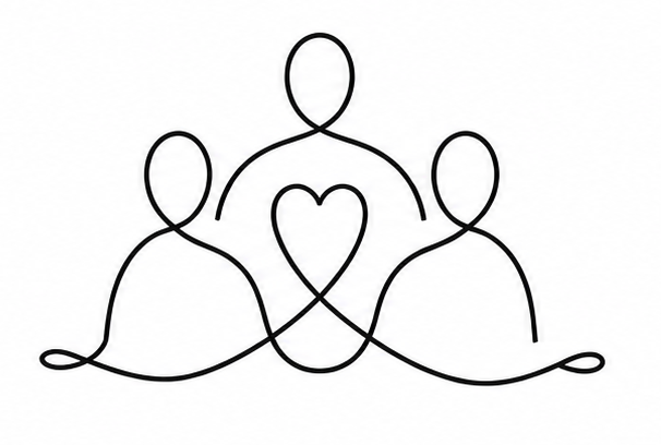 Line art of three people with a heart between them, all connected with lines.