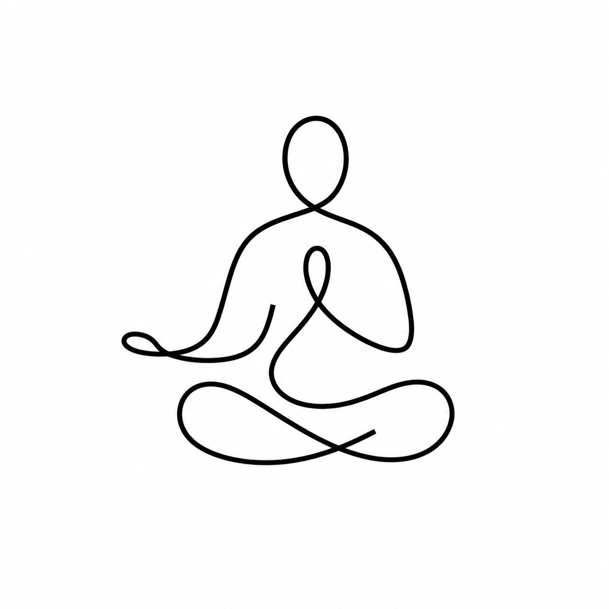 Line drawing of a person meditating in a seated cross-legged position with hands pressed together in prayer.