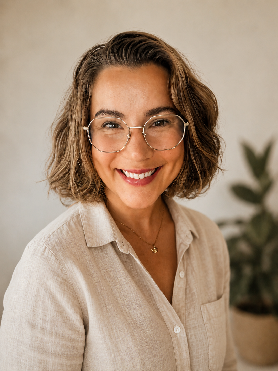 A woman with curly brown hair, wearing round glasses and a beige button-up shirt, smiling at the camera with a plant in the background.