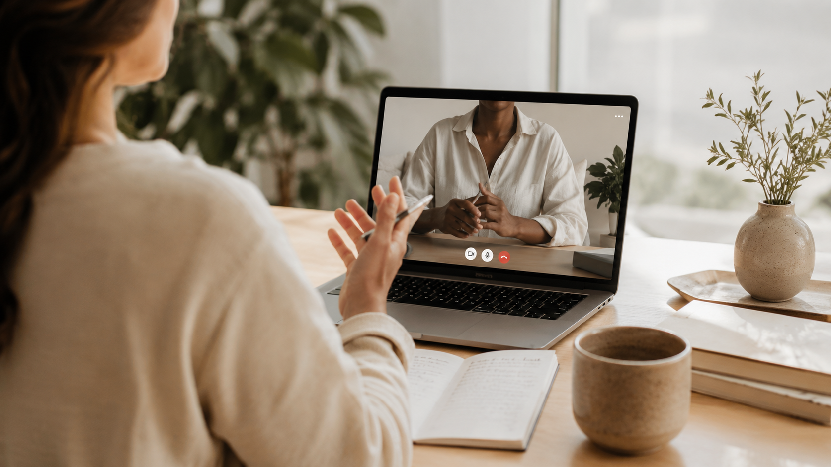 Woman participating in a video call on her laptop, sitting at a desk with notebooks, cups, and plants.