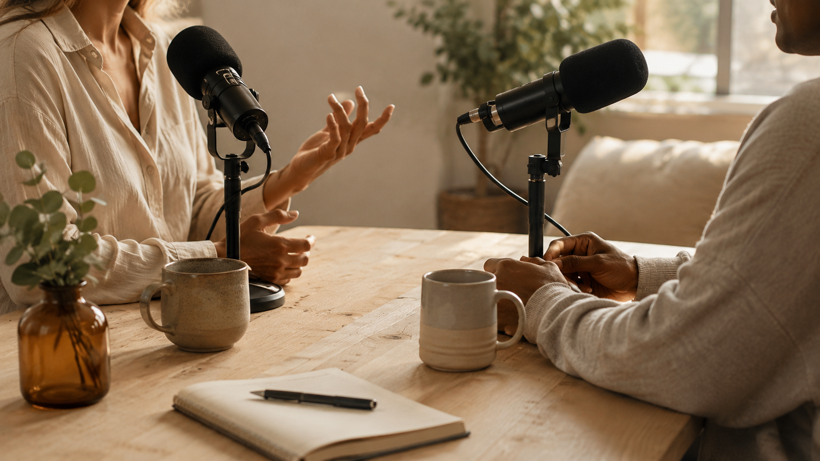 Two people having a conversation during a podcast recording at a wooden table with microphones, notebooks, and coffee mugs, in a room with natural light and indoor plants.