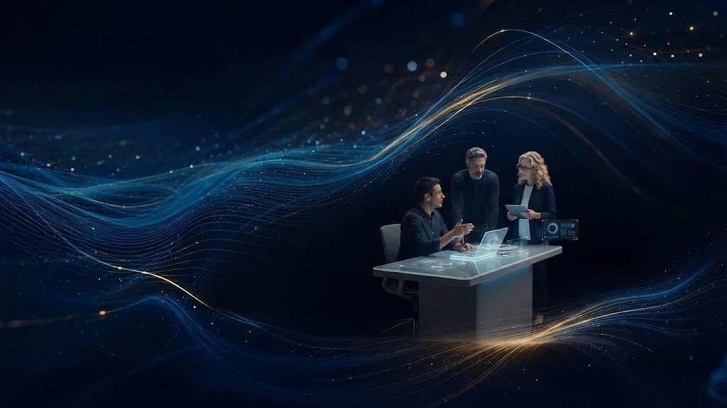 Three people having a discussion around a desk with a holographic display of digital data, in a futuristic setting with swirling blue and gold lines in the background.