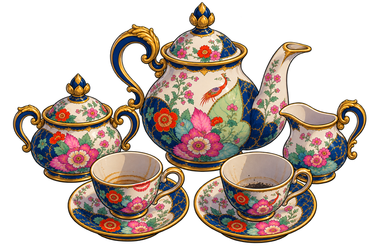 A set of dirty teacups and plates