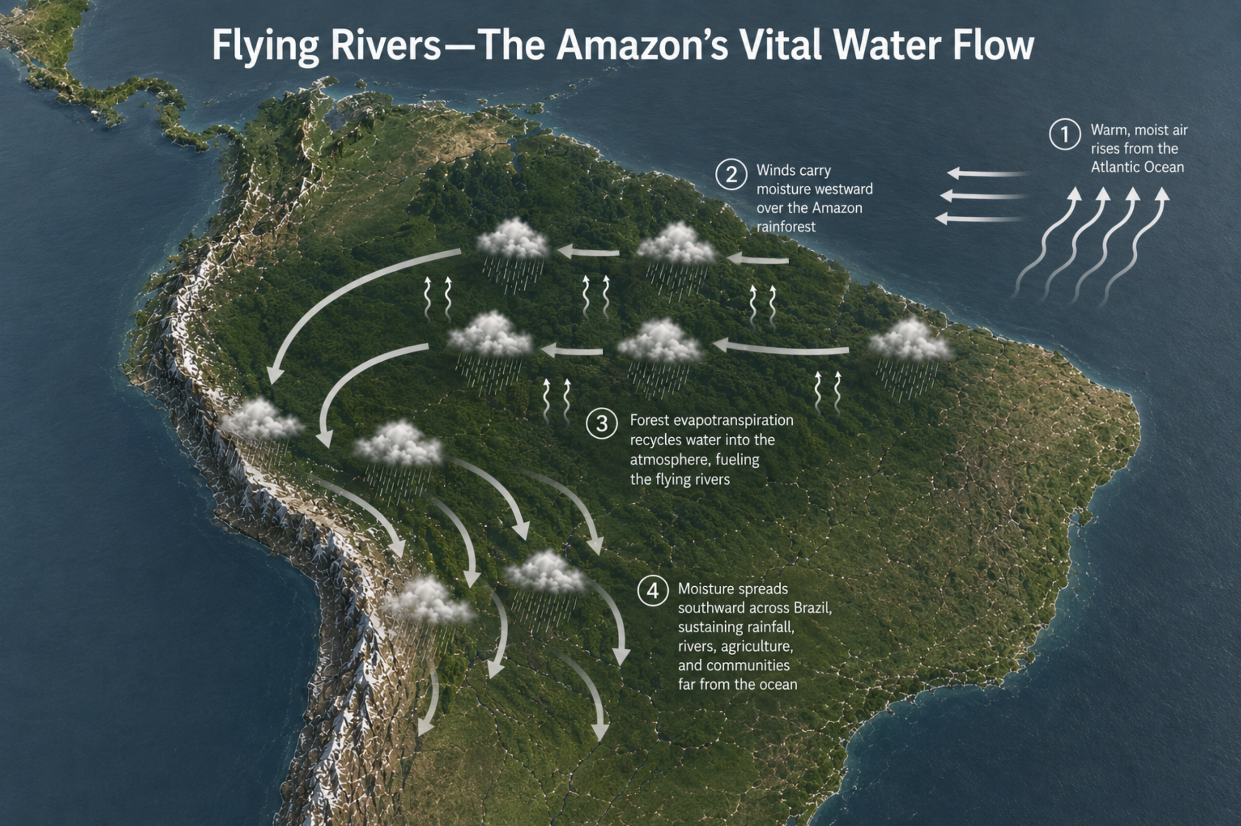 Amazon flying rivers transport moisture across South America, bringing rainfall and natural climate cooling.