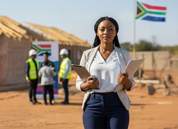 A woman standing outdoors at a construction site holding a clipboard and documents, with a South African flag and workers in safety vests and helmets in the background.