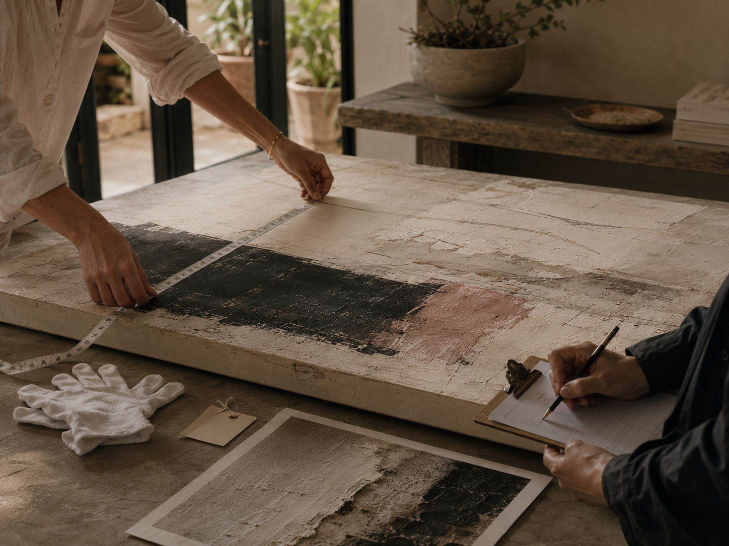 Process illustration: a painting being measured and documented alongside an artwork reference photograph.