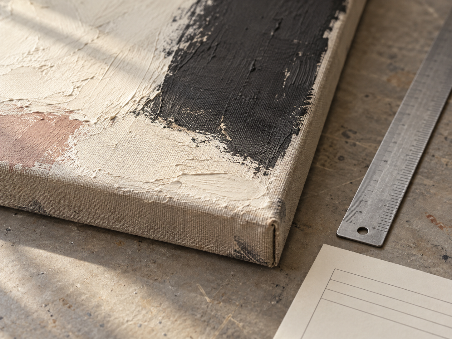 AI-generated process illustration: close-up of a textured canvas corner beside a measuring rule and an archival record card.
