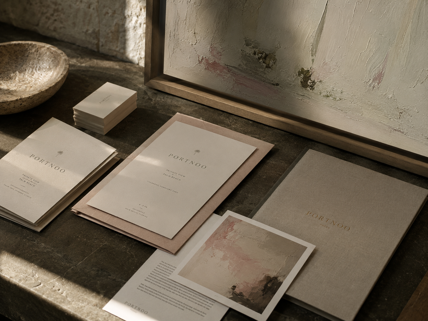 Process illustration: coordinated Portnoo catalogues, artwork information, and printed materials beside an abstract painting.