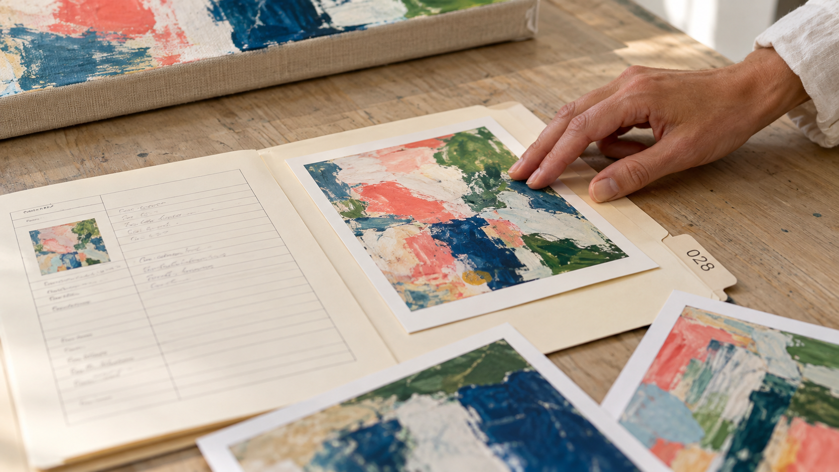 AI-generated process illustration: an artwork photograph is matched to its inventory record beside a colourful painting.