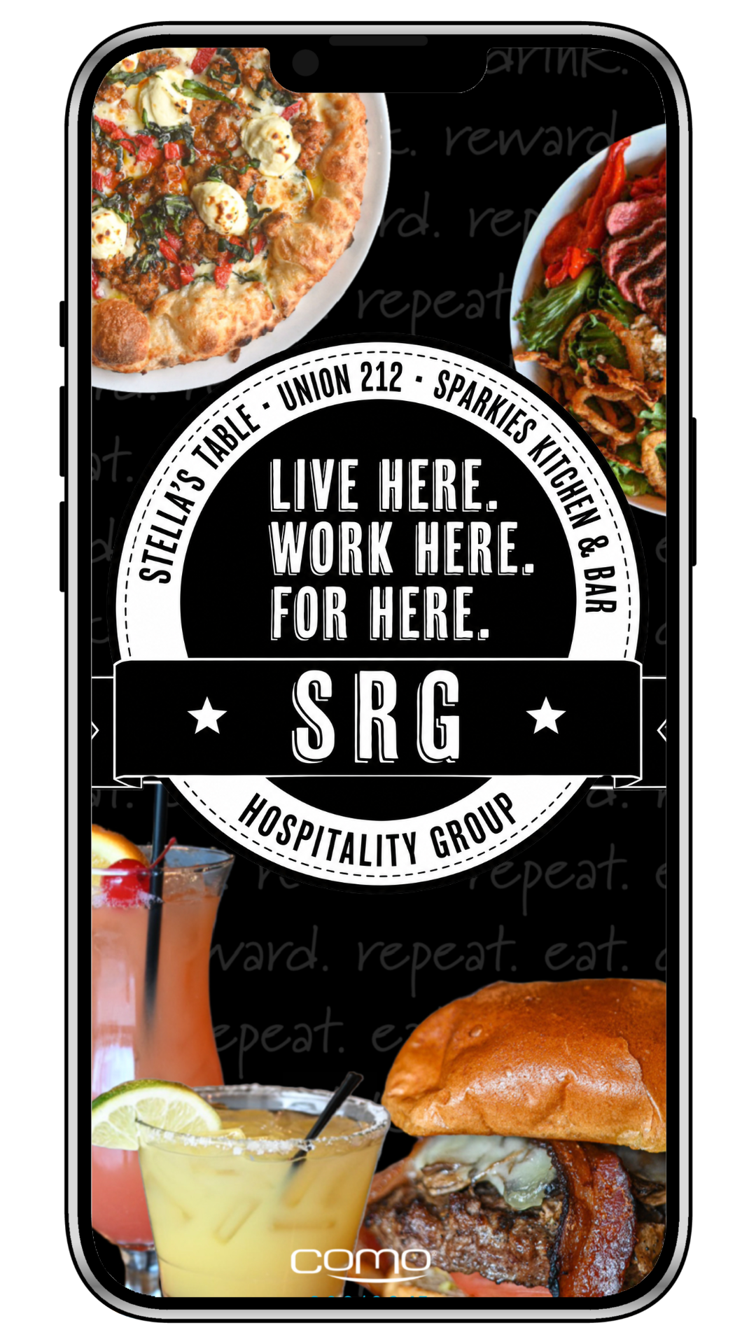 Mobile phone screen showing promotional image with pizza, burger, cocktail, and lemon drink, and text about a hospitality group, contact information, and food images.