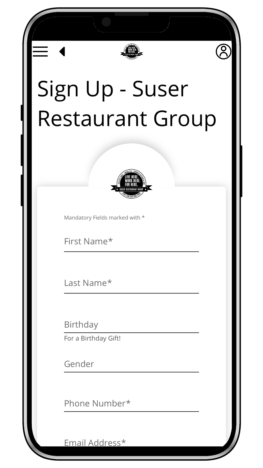 Mobile screen displaying a sign-up form for a restaurant group with fields for first name, last name, birthday, gender, phone number, and email address.