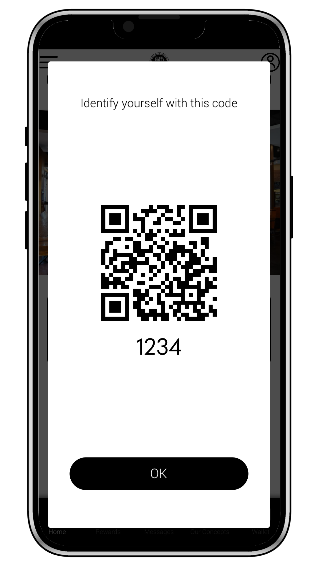 A smartphone screen displaying a QR code with a message to identify yourself with the code and the number 1234 below it, and an OK button at the bottom.