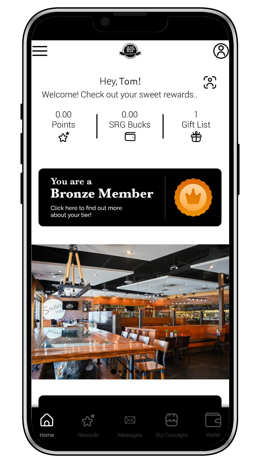 Screenshot of a mobile app home screen showing rewards and membership status, with a background photo of a modern restaurant interior with wooden furniture.