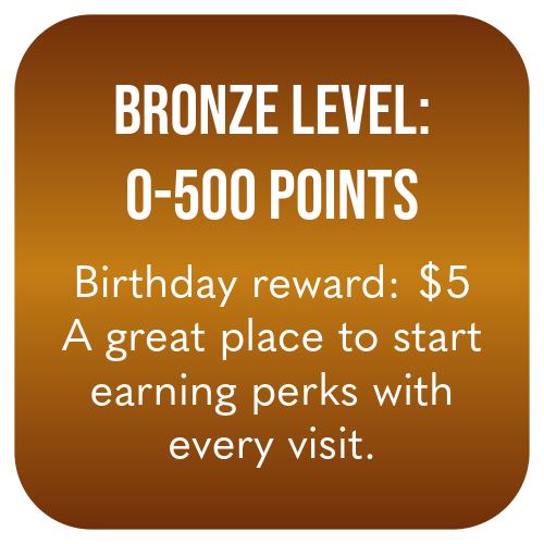Sign indicating Bronze Level rewards from 0 to 500 points, with a $5 birthday bonus and praise for earning perks through visits.