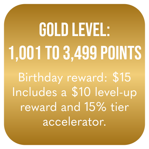 Gold level reward details for points between 1,001 and 3,499, including a $15 birthday reward, a $10 level-up reward, and 15% tier acceleration.