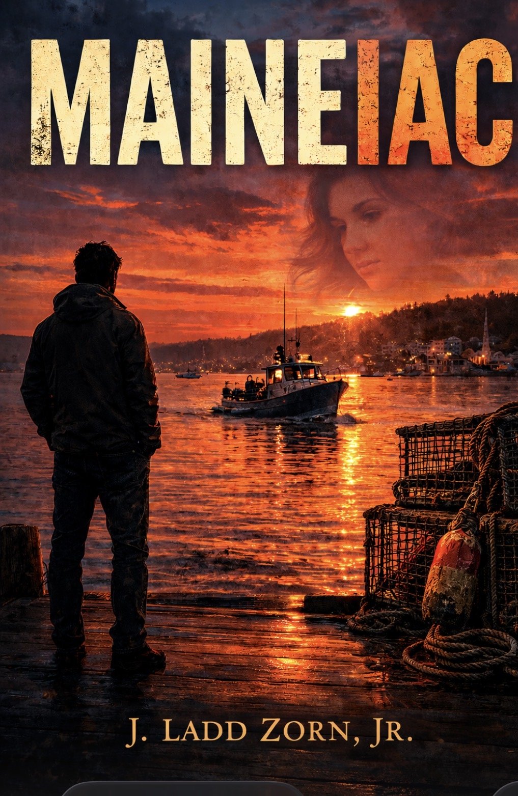 A person standing on a dock looking at boats on the water during a vibrant sunset, with a woman’s face appearing in the sky above.