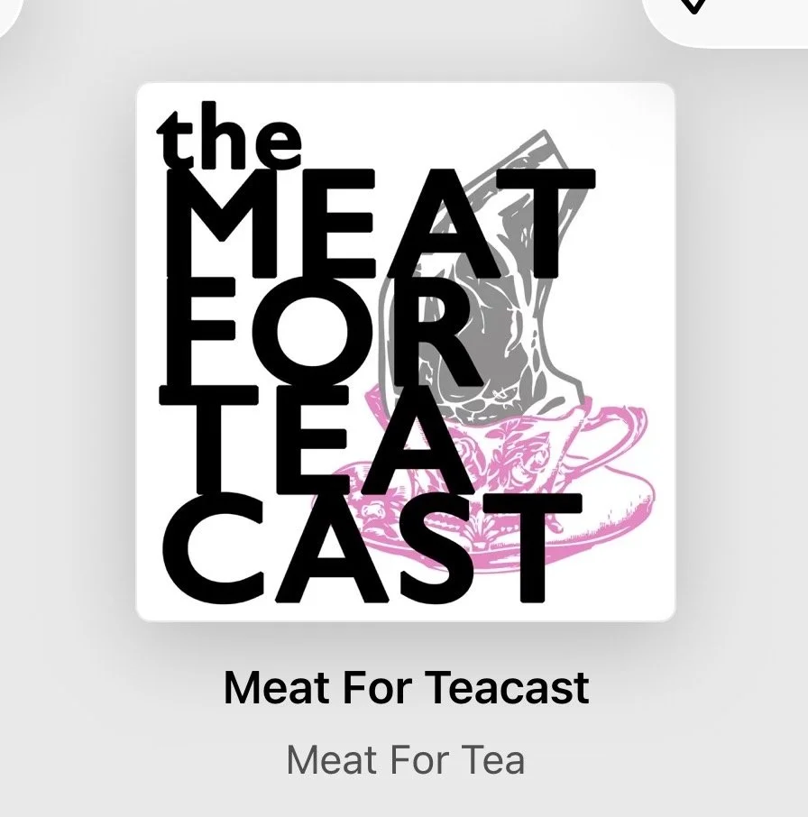 Logo with black text reading "the MEAT FOR TEA CAST" over a stylized illustration of a meat cut and a teacup, with the caption "Meat For Teacast" beneath.