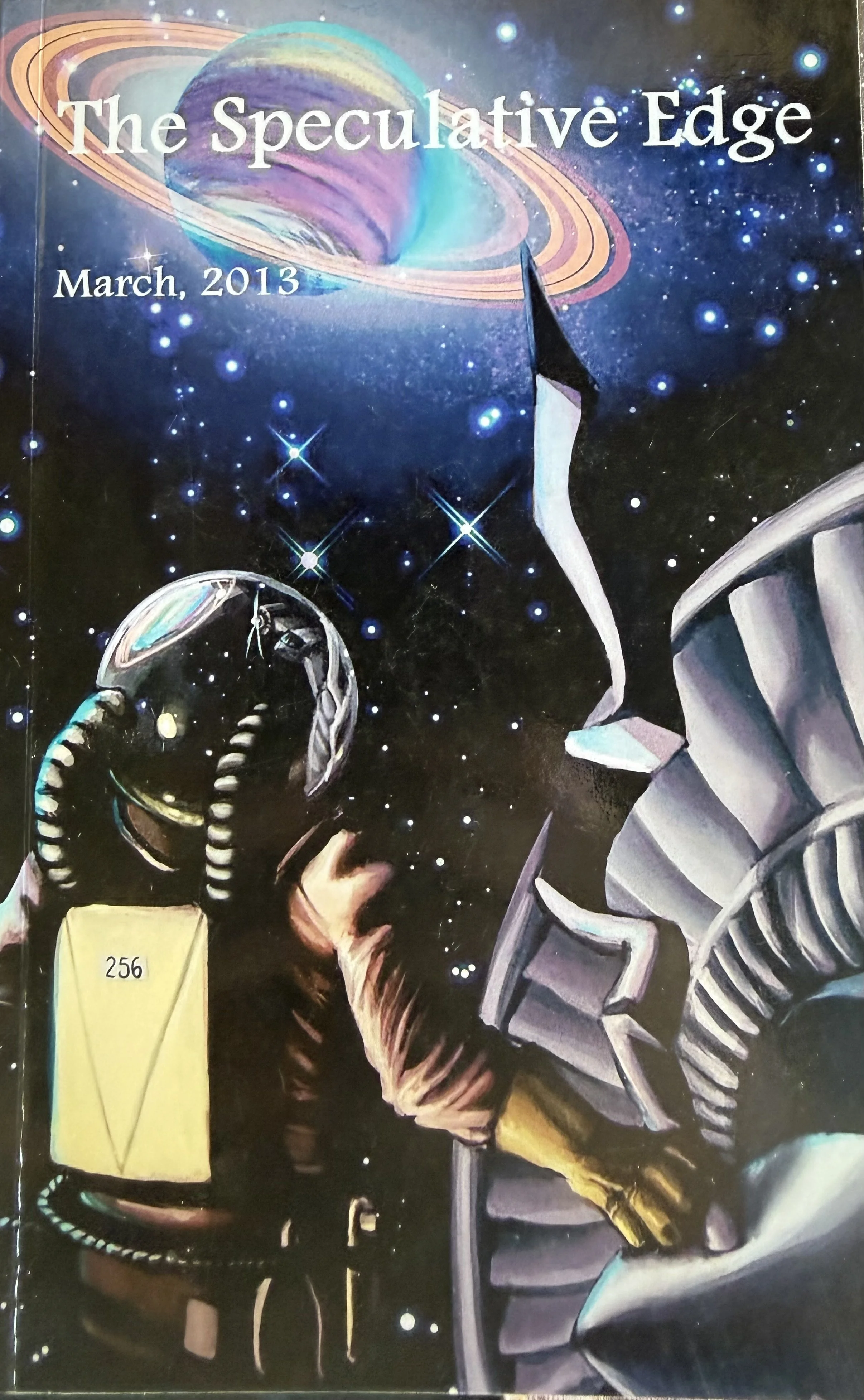 A digital painting depicts a romantic scene of an astronaut and an alien in space, with stars and a colorful planet in the background. The astronaut is holding the alien's face, and the alien has a futuristic helmet. The scene is titled "The Spectulative Edge" with a date of March 2013.