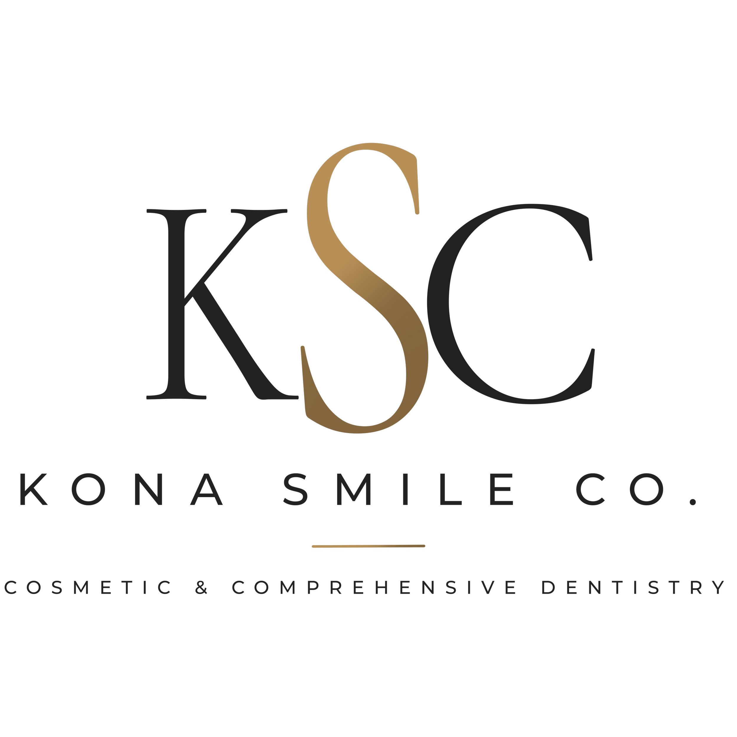Logo with the words 'Kona Smile Co.' in stylized font, featuring a gold-colored smile integrated into the design, with the tagline 'Cosmetic & Comprehensive Dentistry for the Distressed' at the bottom.