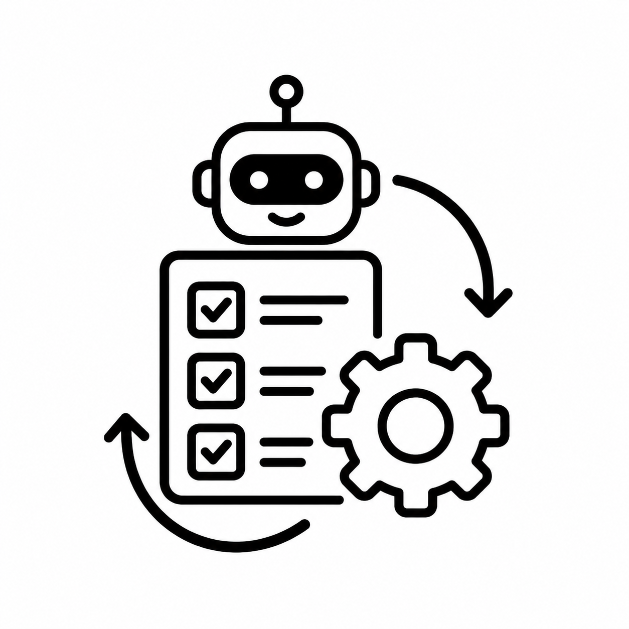Line drawing of a robot with a checklist and gear symbol, indicating automation or robotics process automation.