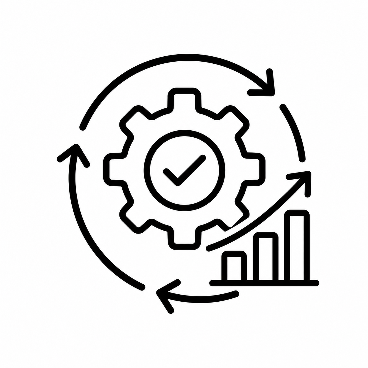 A gear icon with a checkmark inside, surrounded by arrows forming a circular flow, and an ascending bar graph at the bottom right, representing process optimization and continuous improvement.