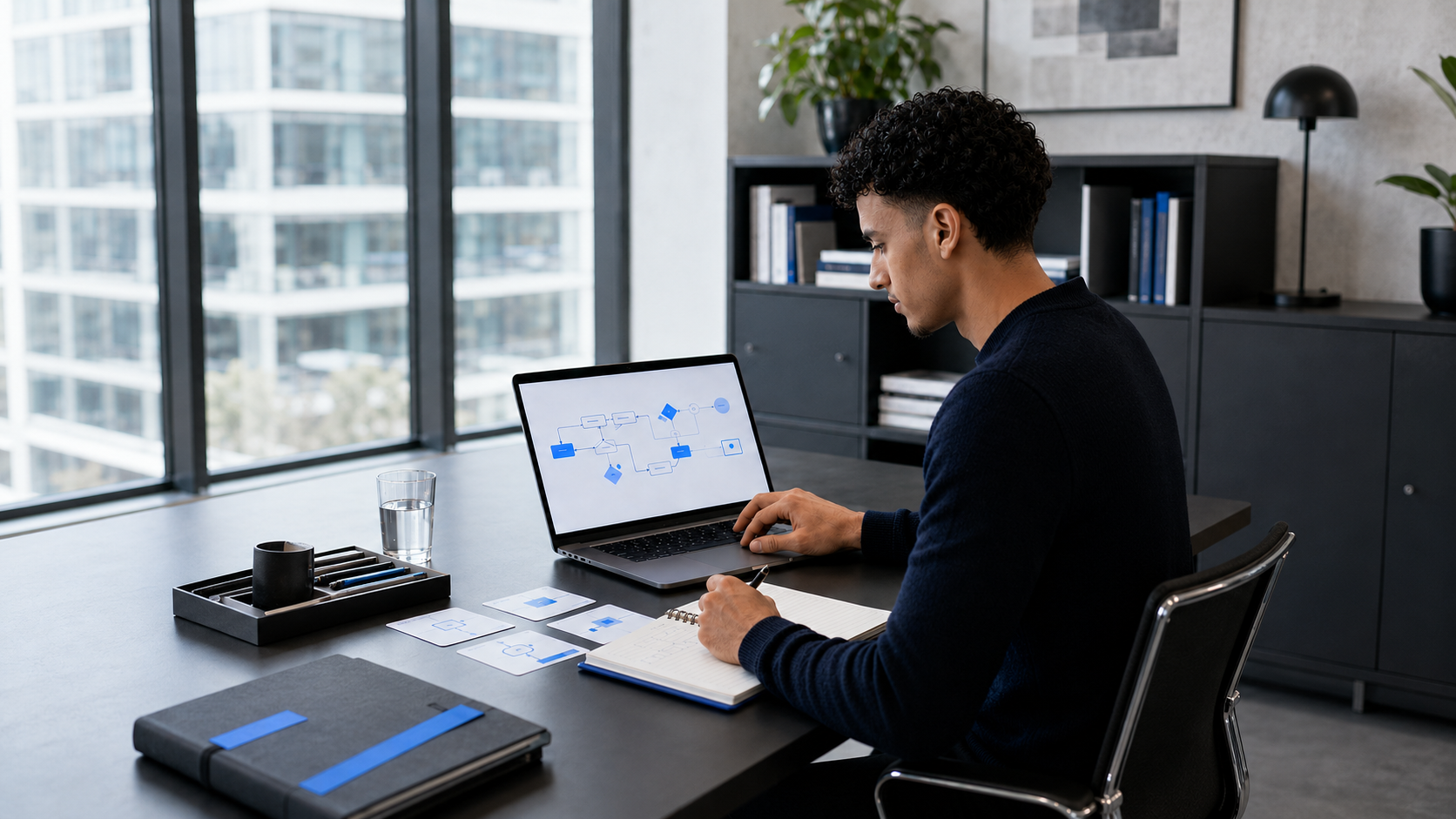 Man working on a laptop with flowchart diagram, notes, notebooks, a glass of water, and stationery on a desk in a modern office with large windows and city view.