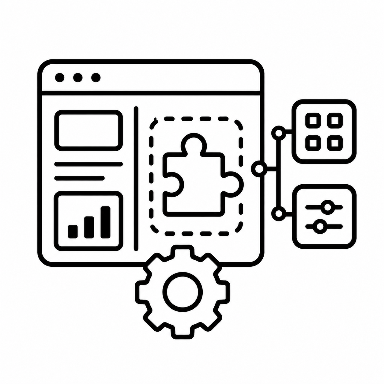 Line drawing of a mobile app interface with a puzzle piece, a gear icon, and settings sliders.