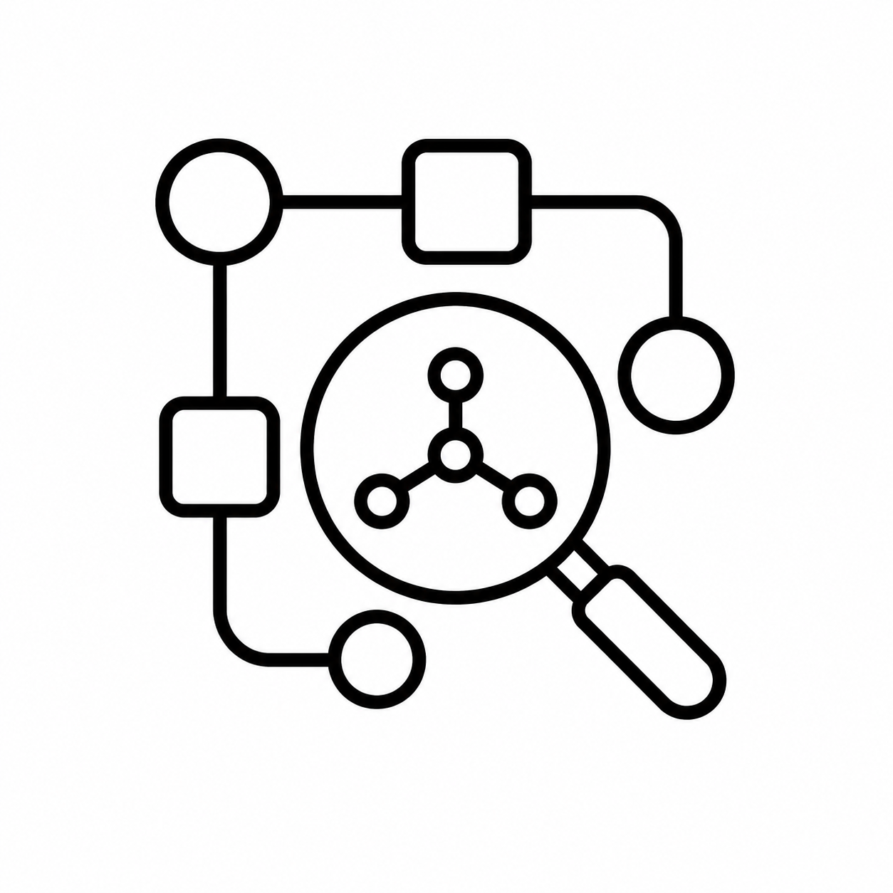 Line drawing of a microscope with a magnifying glass focusing on a molecular structure.