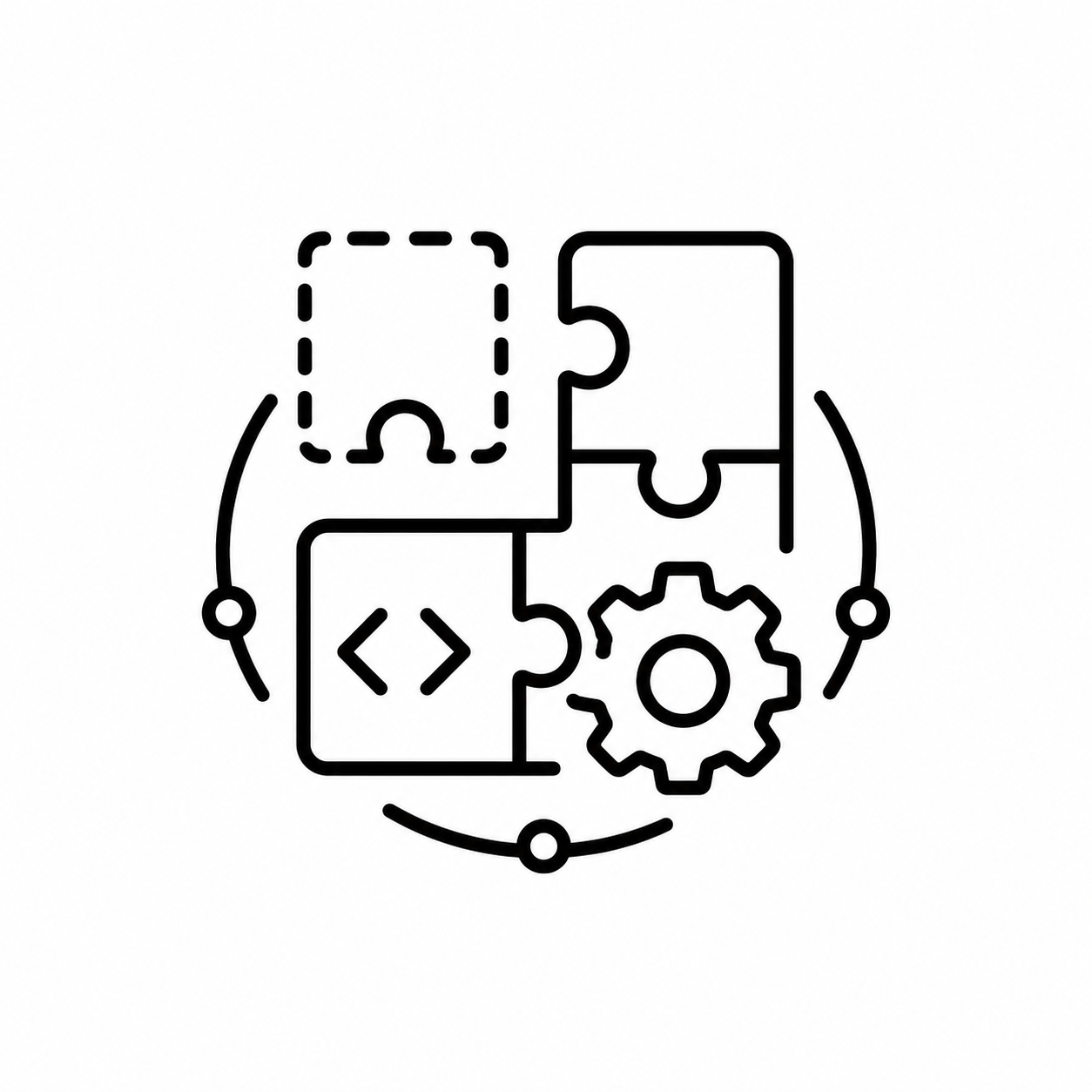 Outline illustration of a circular process with puzzle pieces, a gear, and coding brackets, representing software development or system integration.