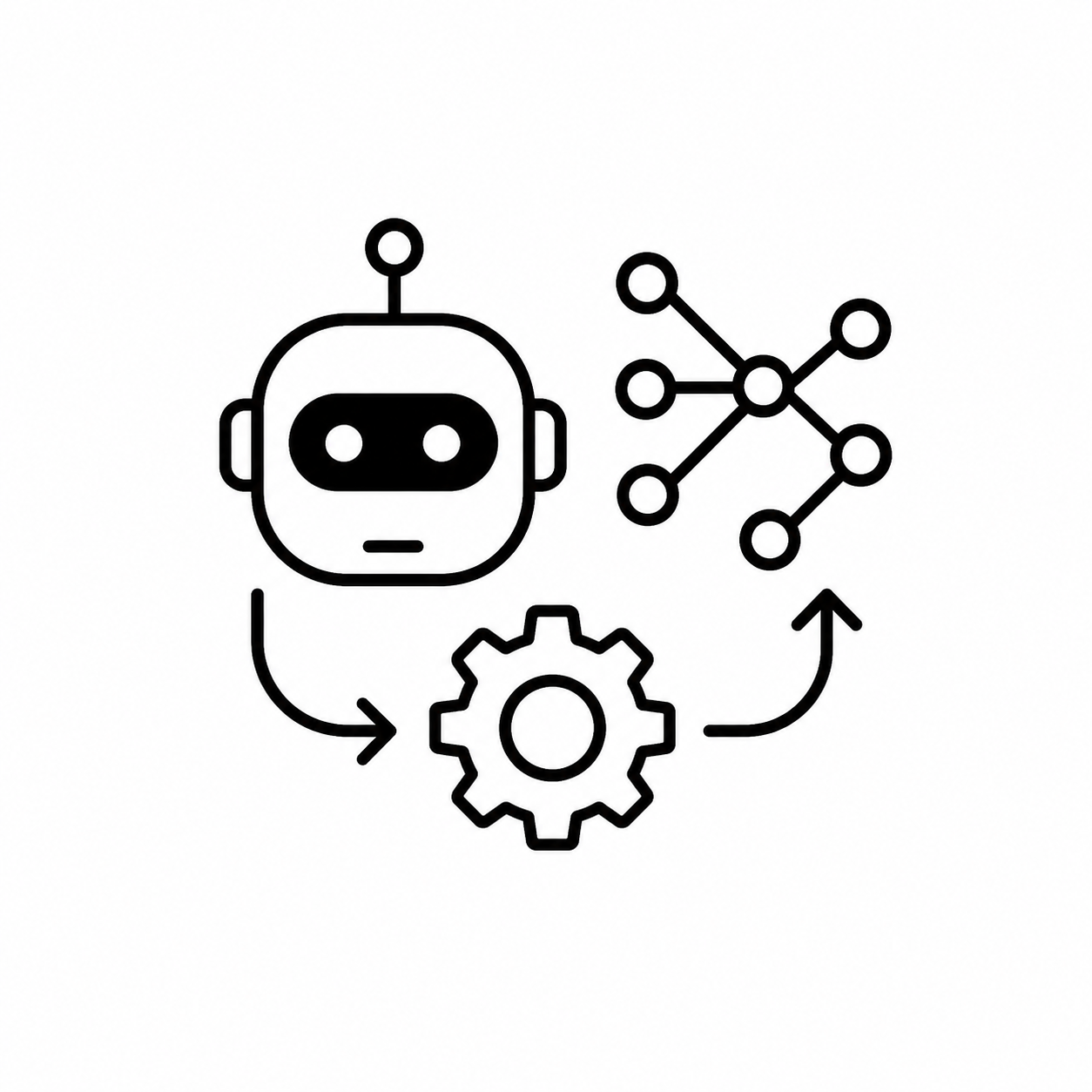 Line drawing of a robot with a gear and network nodes connected to each other, representing artificial intelligence and machine learning.