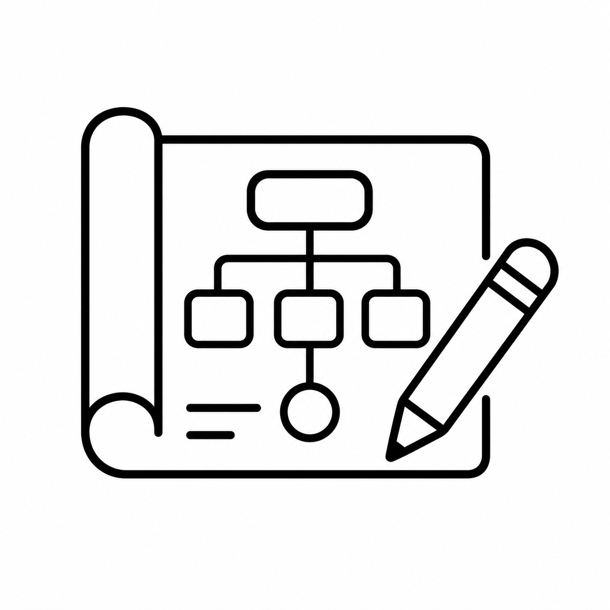 Outline of a flowchart on a scroll, with a pen beside it.