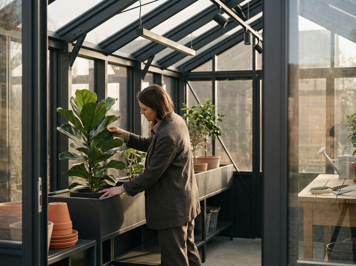 A woman tending to potted plants inside a glass greenhouse with natural sunlight.
