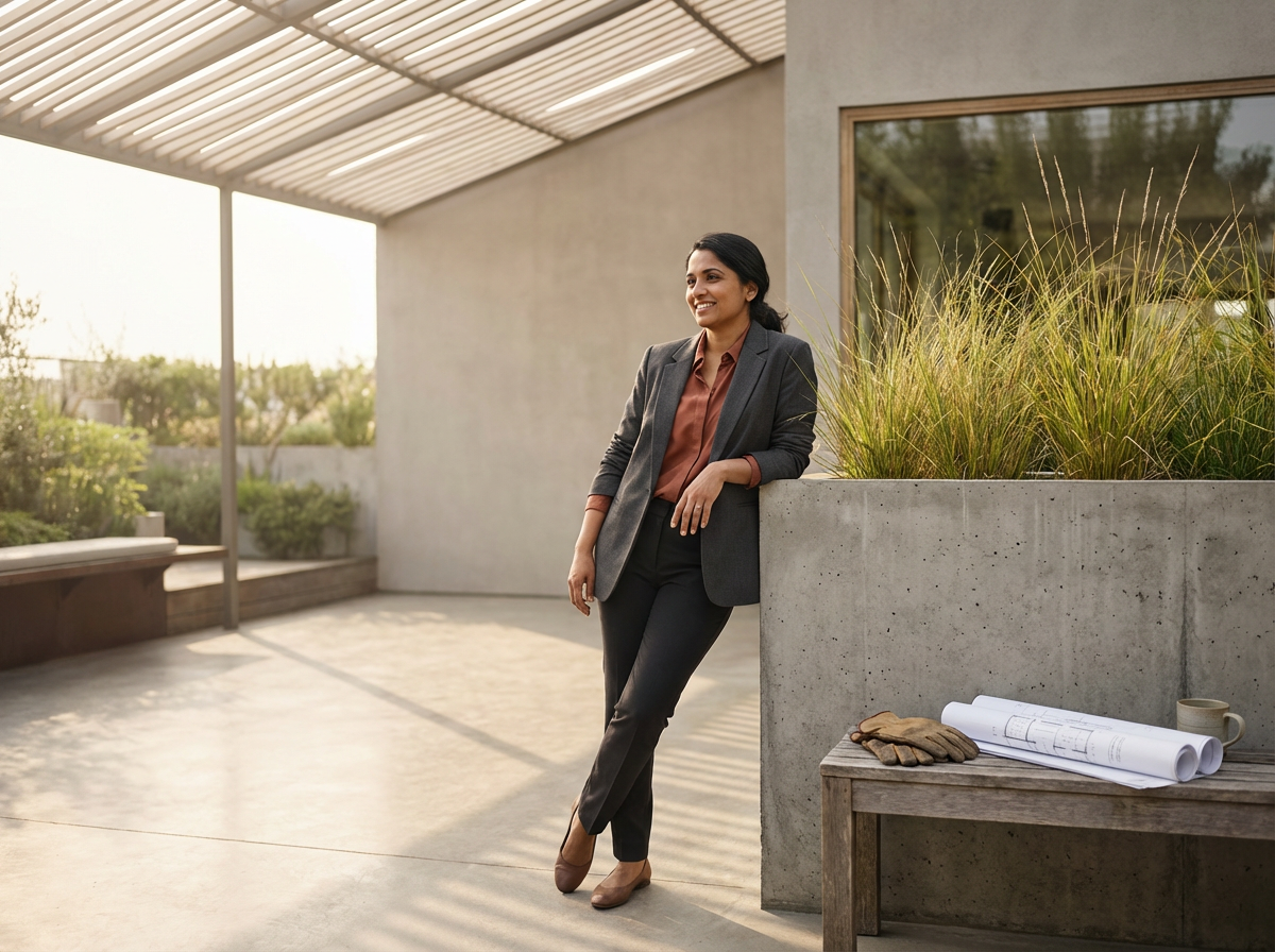 A woman in business attire leaning on a concrete wall outdoors, with architectural plans, gloves, and a coffee mug on a wooden table nearby, and greenery in the background.