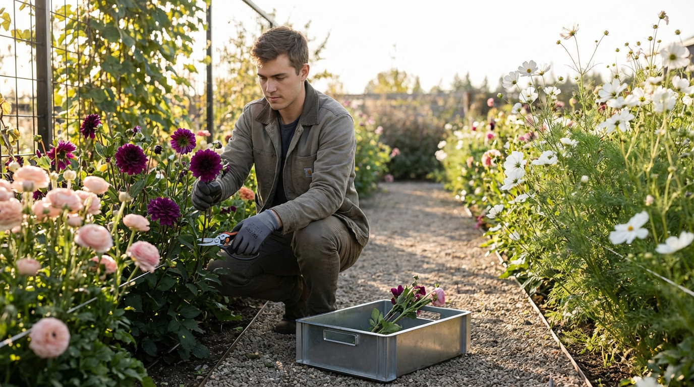 A man pruning purple and pink flowers in a garden during daylight, with gardening tools and a metal container on gravel path.
