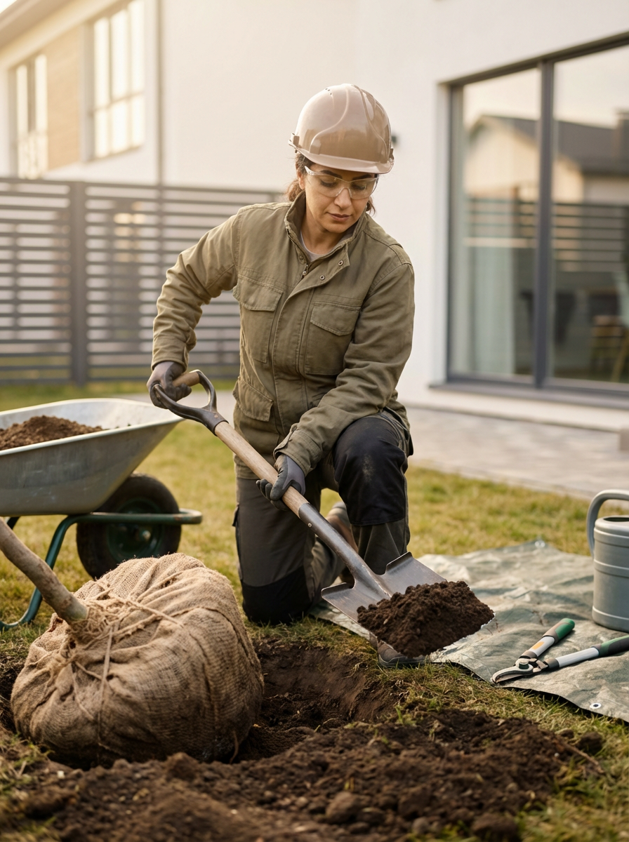 Woman planting a tree in her yard with a shovel, wearing a safety helmet, safety glasses, gloves, and a khaki jacket, in front of a modern house.