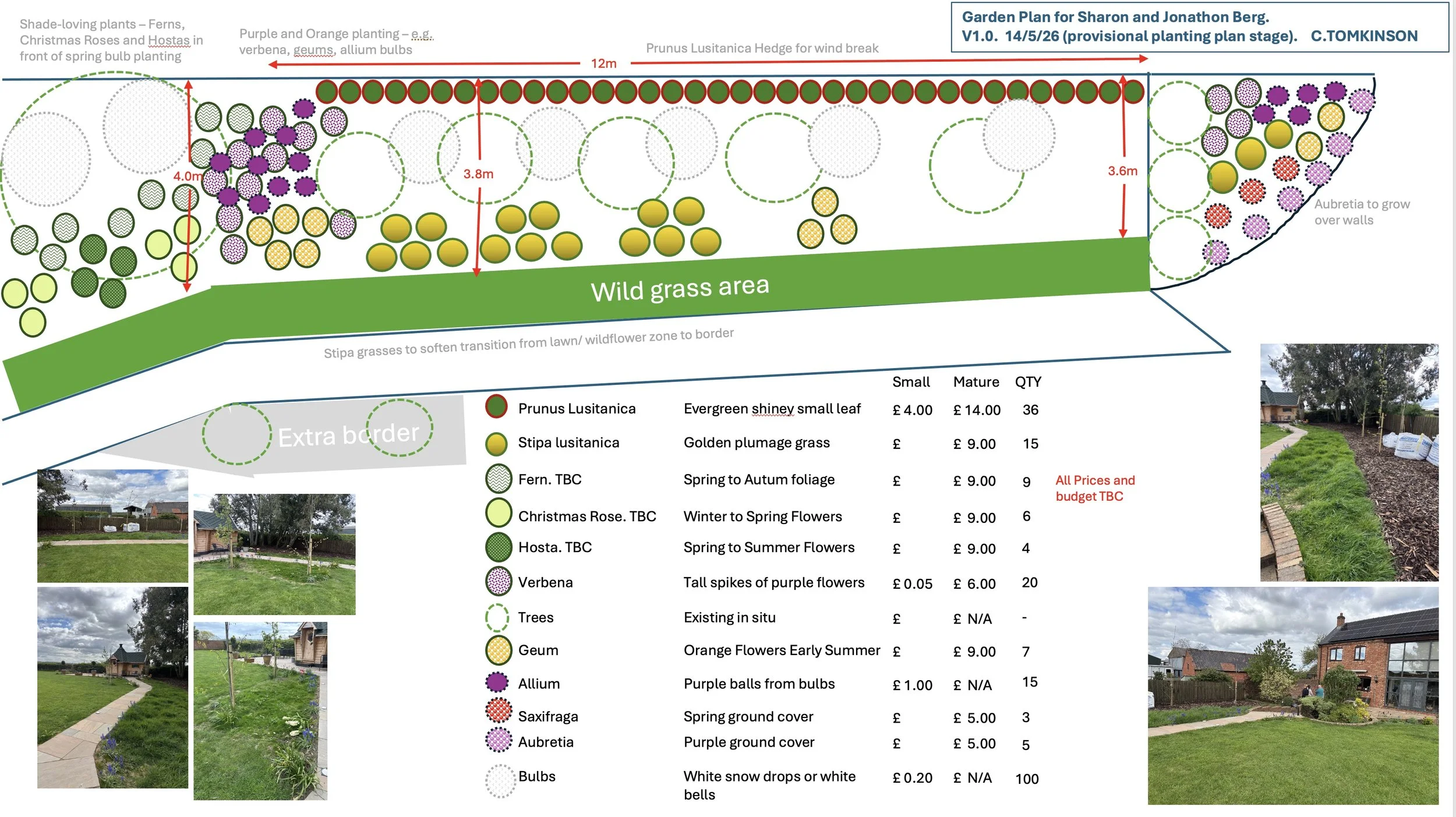 Garden plan diagram showing various plants, trees, and flowers, with measurements and labels, along with pictures of a garden area with grass, trees, and pathways.