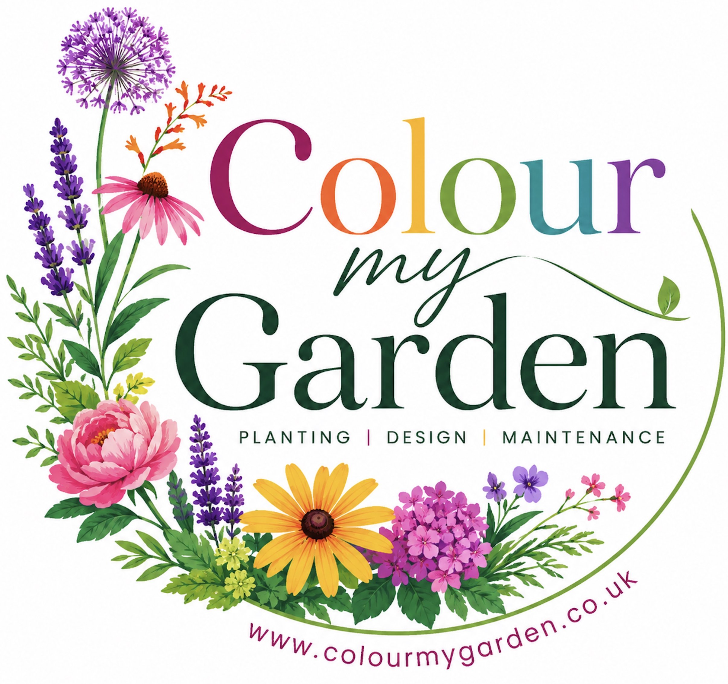 Colorful flower logo for Colour My Garden featuring various vibrant flowers like lavender, pink coneflower, yellow sunflower, and purple blooms, with text promoting planting, design, and maintenance services.