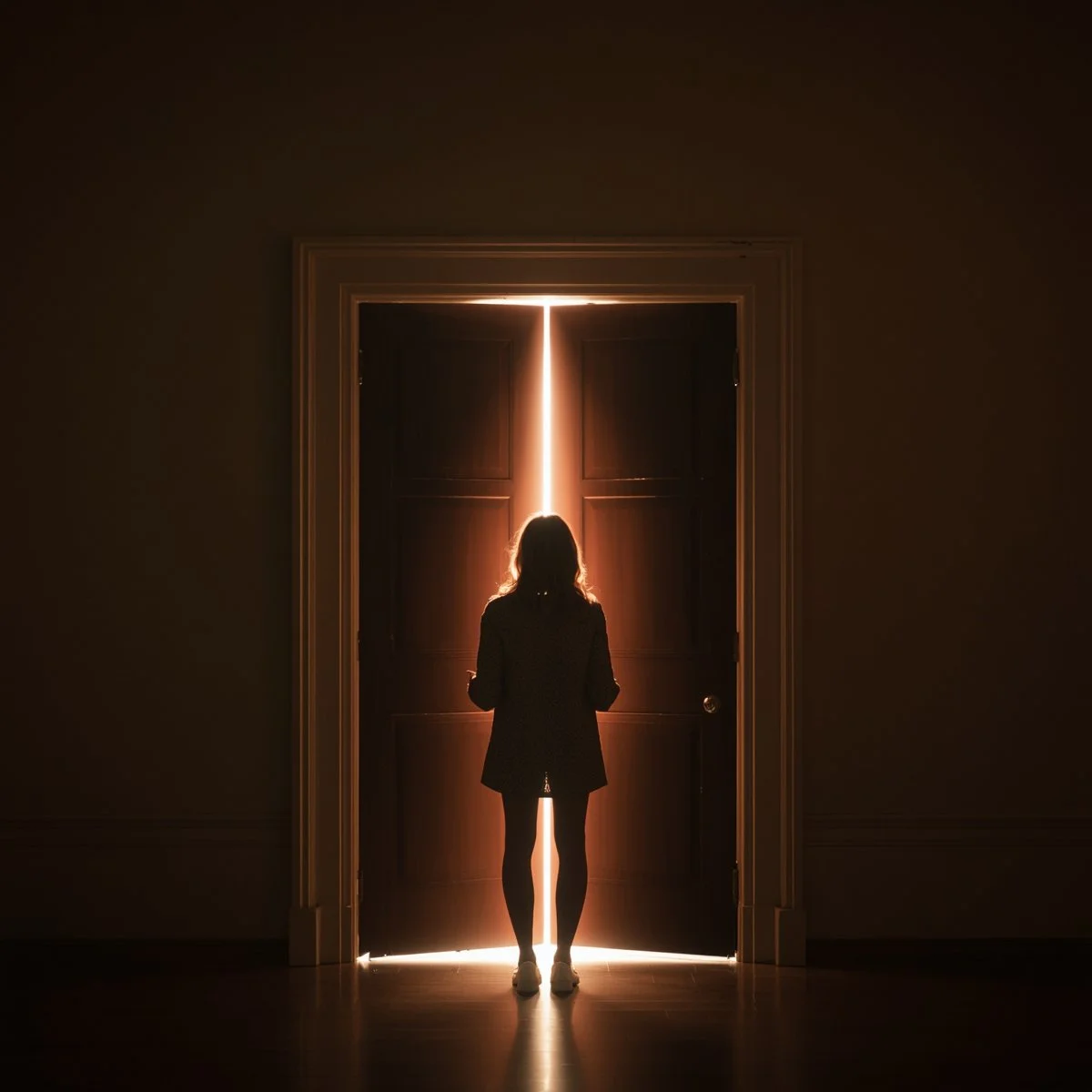 woman stands in front of a closed door with light bursting from the closed door Akashic records