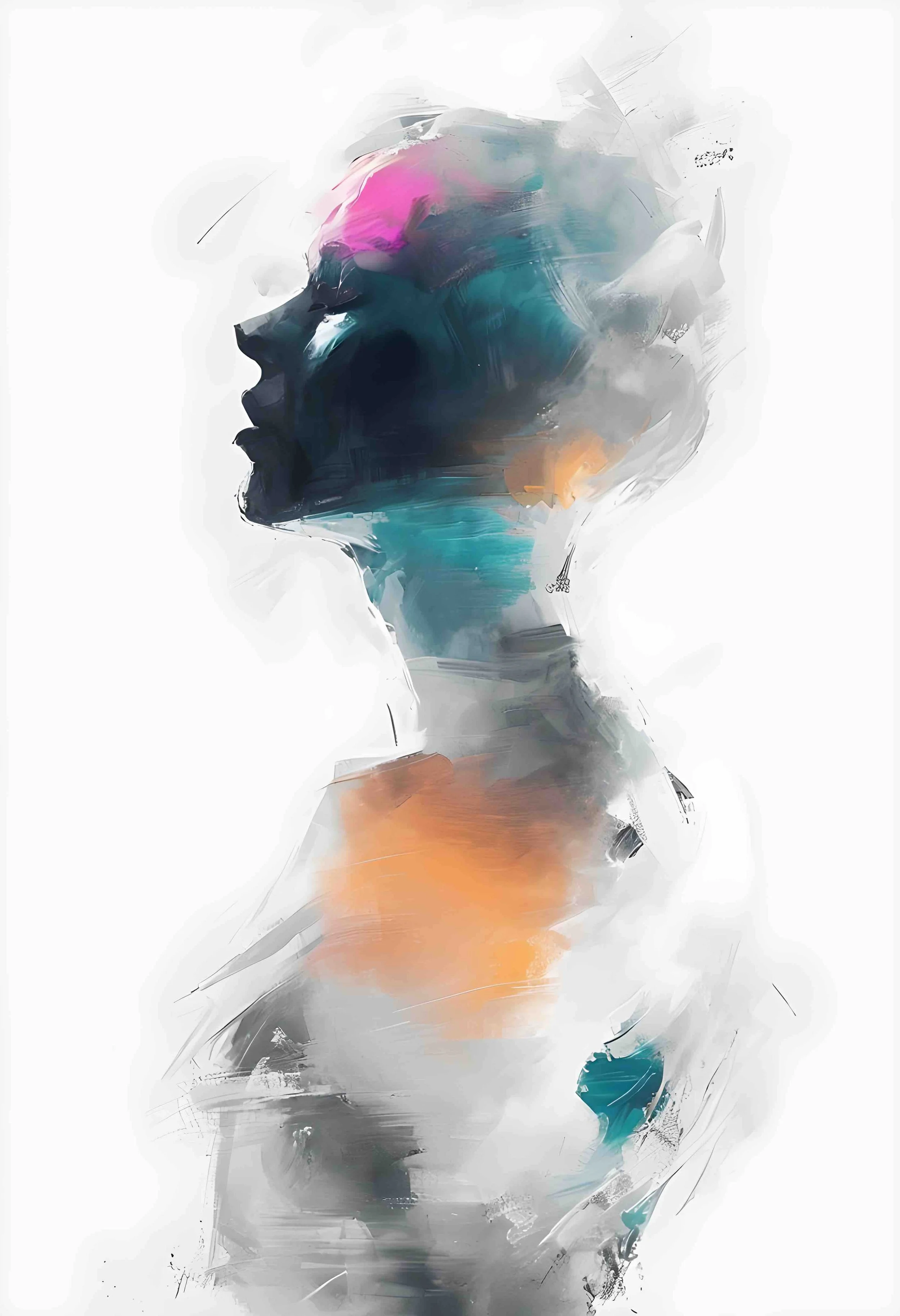 An abstract watercolor painting of a person's profile with facial features and clothing in soft pastel colors and fluid brushstrokes.